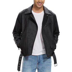 Men Black Faux Leather Biker Jacket Slim Fit Motorcycle Bomber Zip Up Coat